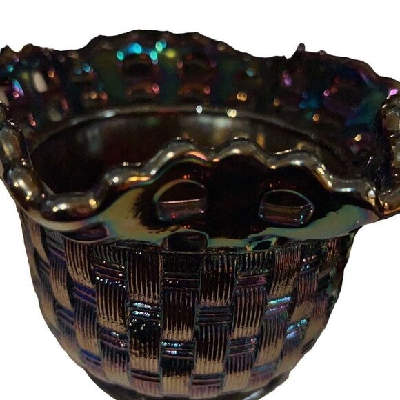 Vintage Fenton Amethyst Carnival Glass Bowl Basket Weave Candy Dish - Picture 2 of 12
